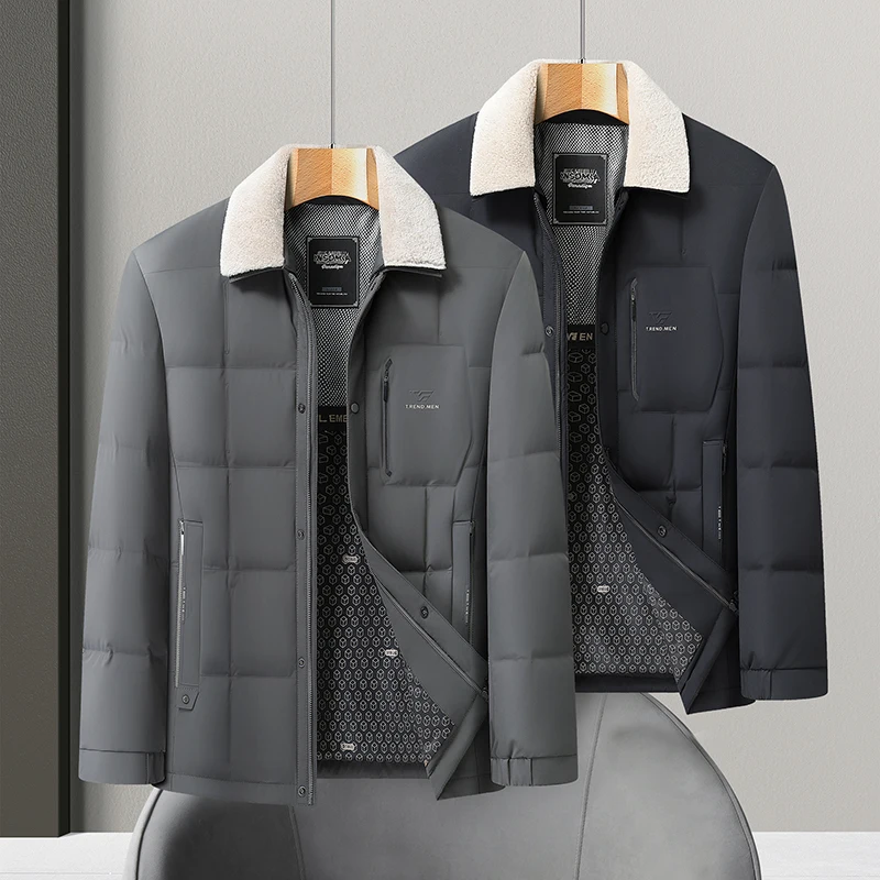 الشتاء رجال الأعمال سترات منتفخة غير رسمية رمادي أزرق أبيض بطة أسفل معطف أساسي الصوف رفض طوق ملابس خارجية حرارية الترفيه #4