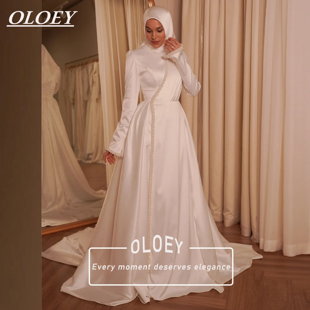 

Свадебное платье OLOEY A-силуэта для мусульманок с хиджабом, плиссированное, из мягкого атласа, с жемчугом, на заказ, с шлейфом.