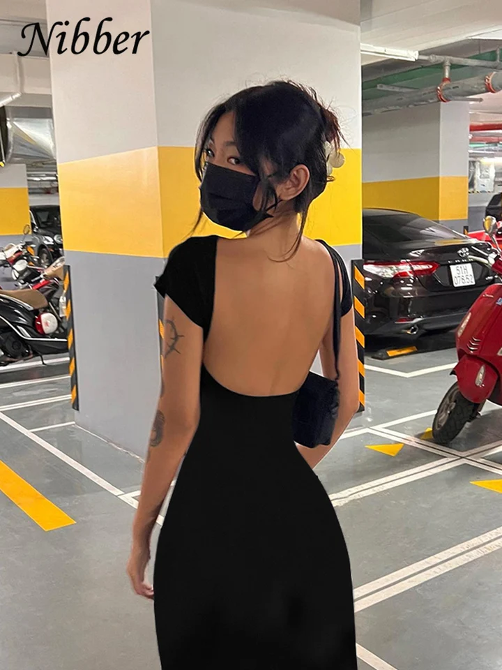 Vestido Largo Sin Espalda Sexy Nibber Sólido Elegante Elástico Ajustado Manga Corta para Mujer Bodycon Ropa de Calle 2