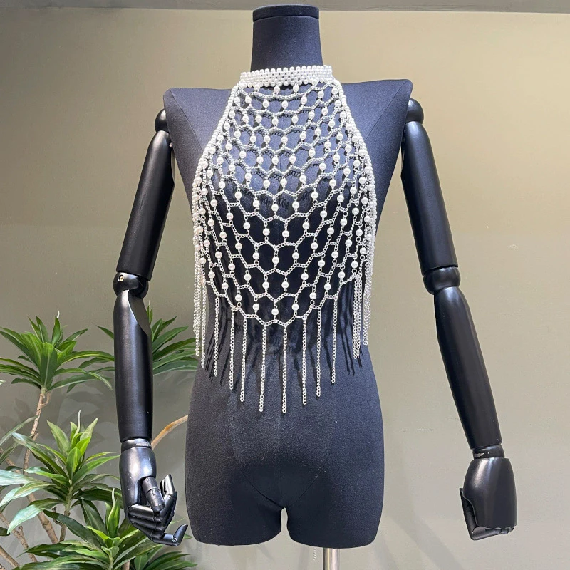 Festival Damen Neckholder-Top mit Perlenkette, Hohlnetz-Quasten-Körperschmuck, Silber Gold Rave-Outfits, Strandparty-Kleidung, Crop Tops – Detail 6