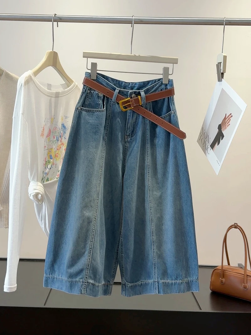 American Style Retro Blue Jeans Women's Summer New High Waisted Loose Cropped Pants Solid Color Commuting Wide Leg Half Pants