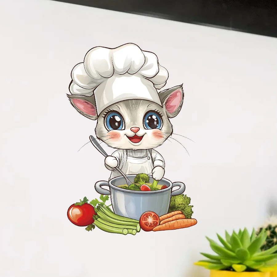 

Cat Chef Kitchen Wall Sticker Home Decoration Removable Waterproof Self-adhesive Stickers Fridge Decor Wall Art Poster Decals