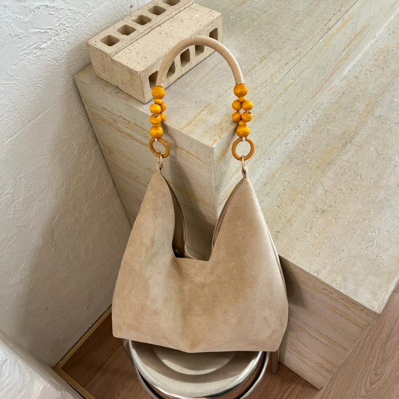 Korean Retro Faux Suede Hobo Bag for Women Wooden Bead Handle Large Capacity Casual Commuter Underarm Shoulder Handbag