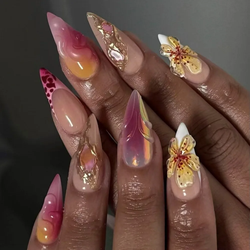 24Pcs Gradient Pink Fake Nails Long Almond False Nails with Pearl Sparkling Design Press on Nails Wearable Manicure Nail Tips