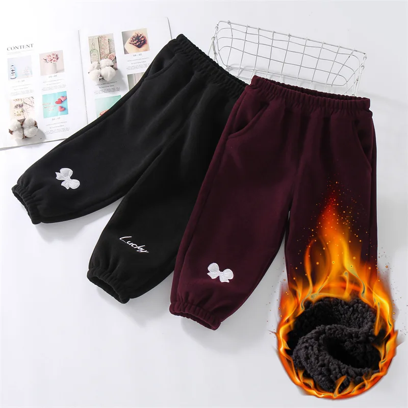 Autumn Winter New Girls Velvet Pants Embroidery Knotbow Warm Childrens Girls Pants Loose Versatile Kids Baby Girls Trousers