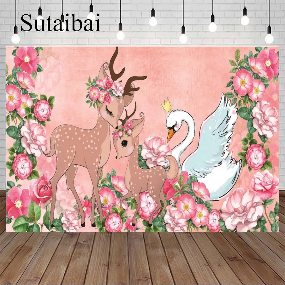 Swan Pink Bambi Deer Background Happy Birthday Baby Shower Newborn Welcome Party Backdrops Photo Booth for Photocall Decor