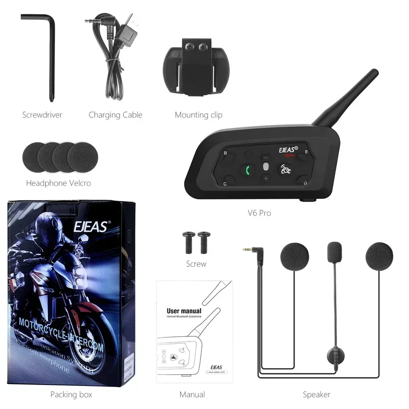 V6 PRO Bluetooth Motorcycle Helmet Intercom Headset with 1200M BT Interphone Communicator for 6 Riders Waterproof