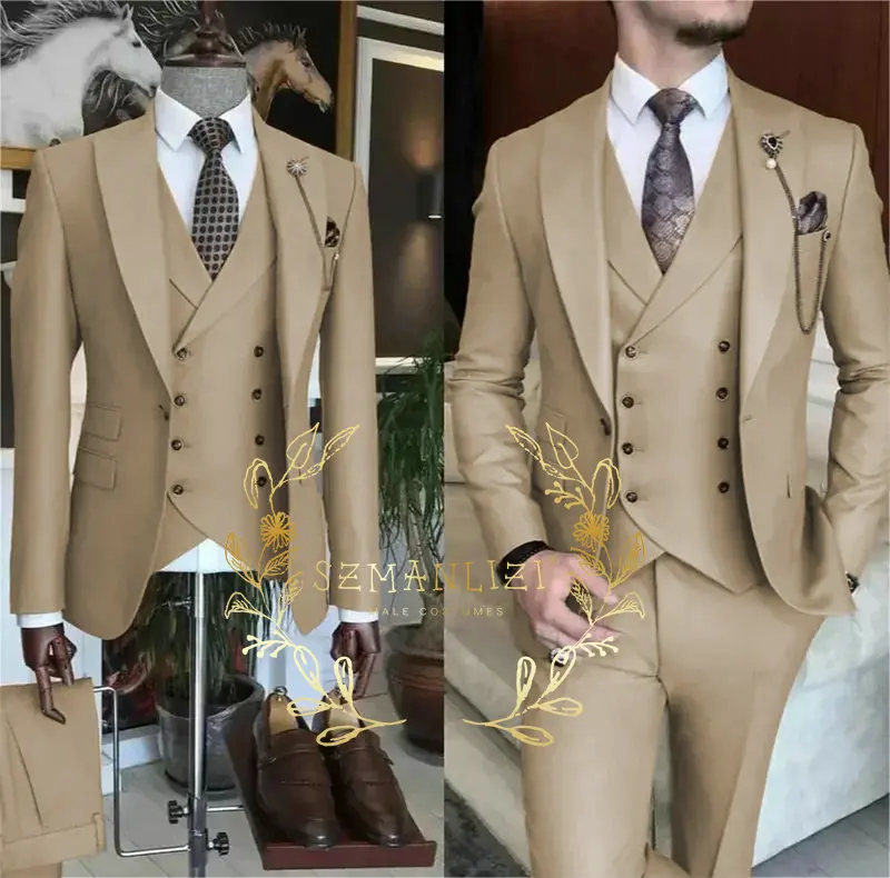 

Mens Casual Khaki Suits Peaked Lapel Wedding Tuxedos For Men Groom Suit Slim Fit Formal Blazer Sets Groomsmen Costume Homme