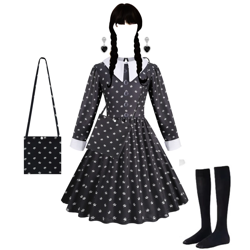 W-Wednesday Costumes for Girls Birthday Princess Costume Black Fancy Halloween Carnival Addams Cosplay Dresses for Kids