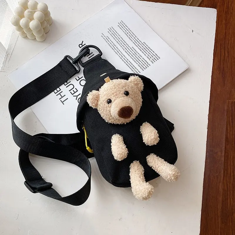 2023 New Children\'s Plush Bag Cute Plush Bear Chest Bag Crossbody Bag Korean Boys Girls Mini Canvas Bag