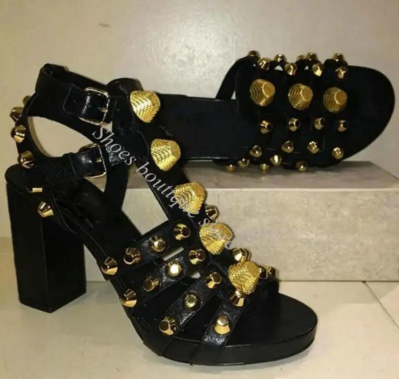 Fashion Grained Rivets Golden Studs T-Straps Sandals Ladies Sexy Chunky Heel Open Toe Women Ankle Buckles Roman High Heels