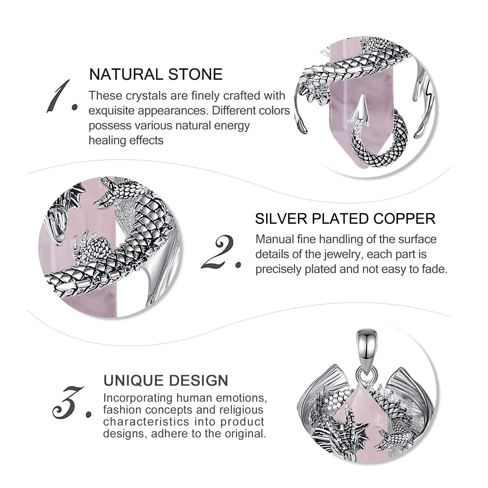 Eudora Dragon Twining Hexagonal Rose Quartz Prismatic Necklace Punk Healing Stone Rose Quartz Pendant Jewelry Gift for Man Women
