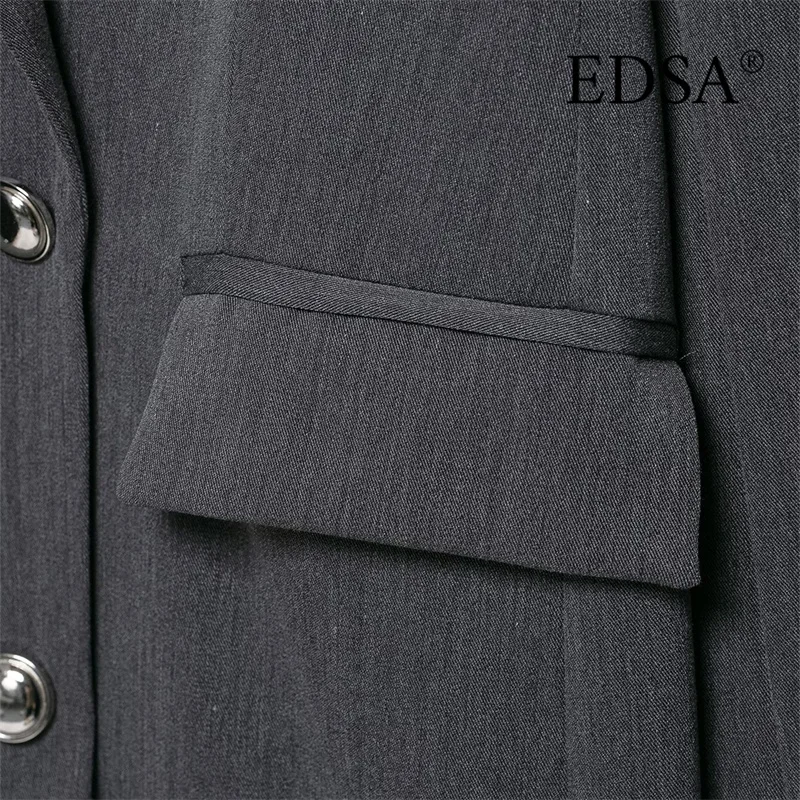 سترة EDSA للسيدات باللون الرمادي مزدوجة الصدر مع جيوب قلابة لمعطف سترة بأكمام طويلة للسيدات في المكتب