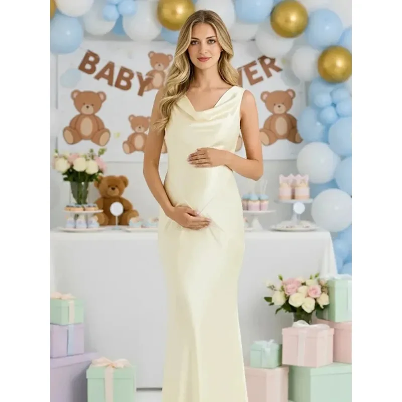 Maternity Satin Halter Backless Long Dress Pregnancy Photoshoot Gown Elegant Maternity Photography Costume Baby Shower Outfit