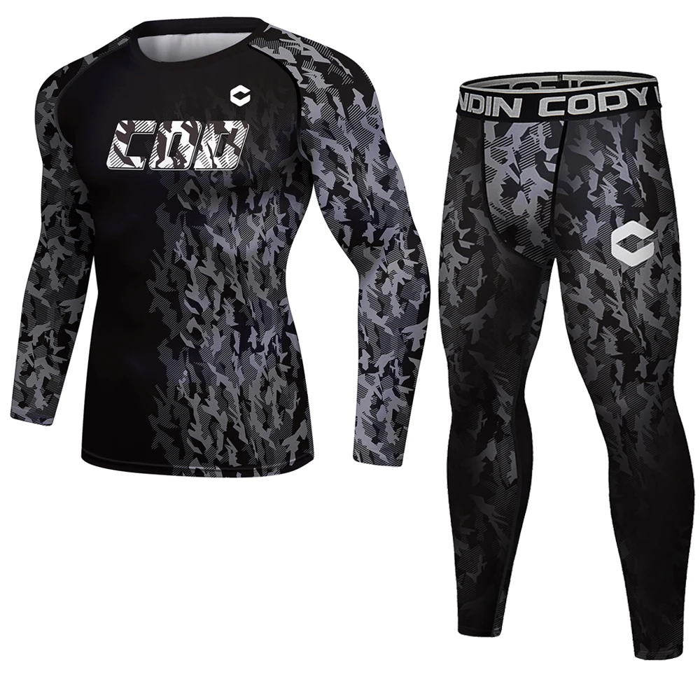 Fitness Camo Sports Set Men Compression Shirt 2Pcs/Sets Sportswear MMA Rashguard Mens Joggers Leggings Gyms Bodybuilding Tights