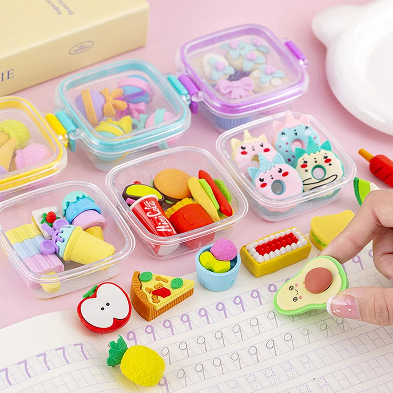 Criativo Lunch Box Eraser Set, Vários Lovely Eraser, Soft Lápis Eraser, Escola Estudantes Papelaria Suprimentos, Requintado Prêmio Presentes