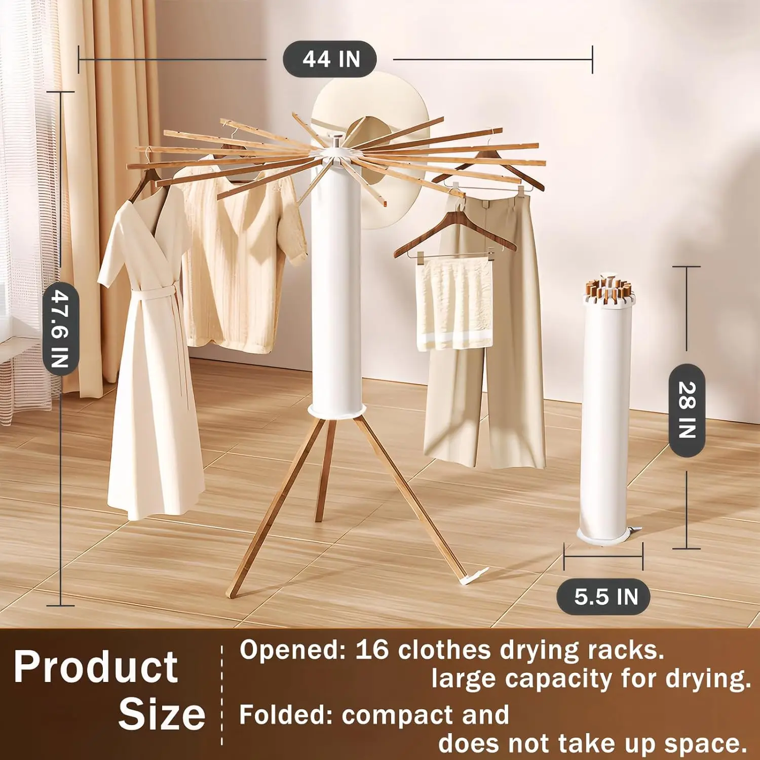 Tripod Clothes Drying Rack - Portable Foldable Garment Drying Rack - Household Floor Standing Clothes Drying Racks With 16