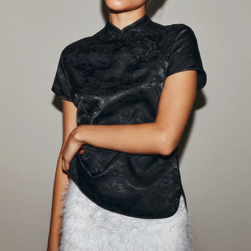 Women 2026 New Hot Selling Chinese Style Satin Stand Collar Blouse Vintage Fashion Elegant Trendy Chic Commute Office Daily Best