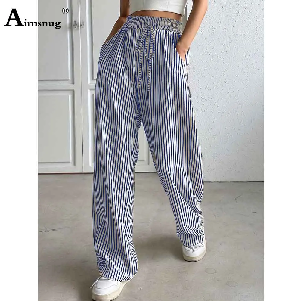 2025 Women Elegant Fashion Striped Penicl Pants Female Stand Pocket Board Trousers New Summer Elastic Waist Straight Beach Pants