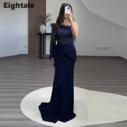 Eightale Luxury Evening Dress Navy Blue Sparkly Feather Long Sleeve Mermaid Arabic Wedding Luxury Prom Party Gown