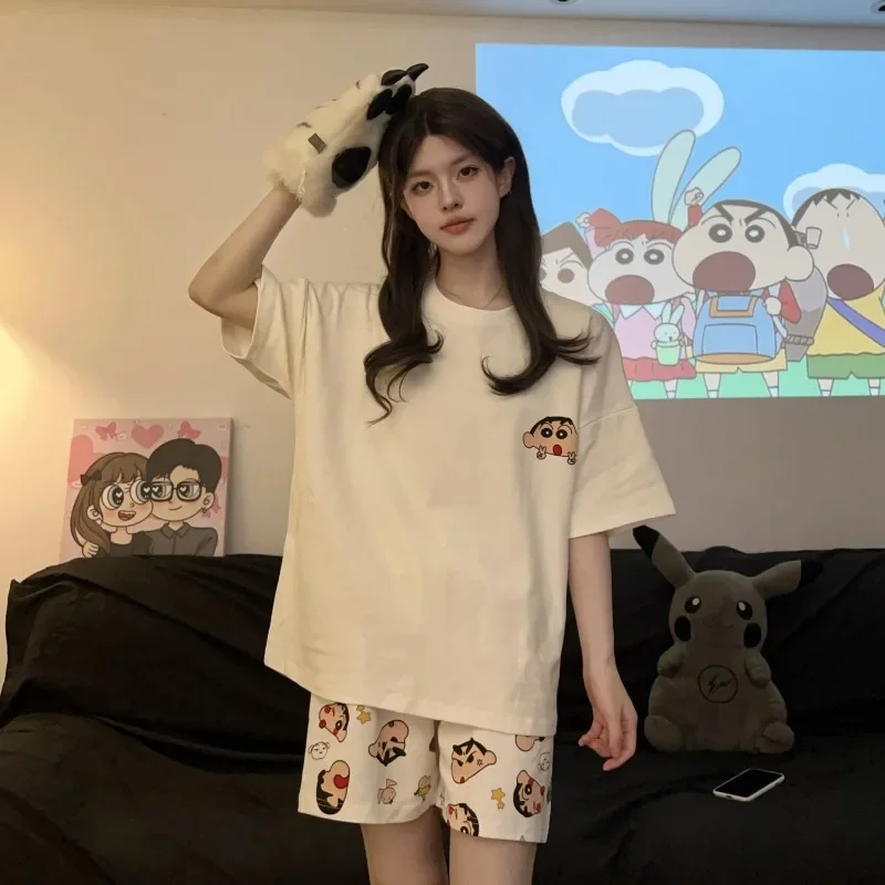 Anime novo crayon shin chan casal pijamas de algodão manga curta calças compridas bonito dos desenhos animados roupas para casa conjunto de três peças presente de aniversário