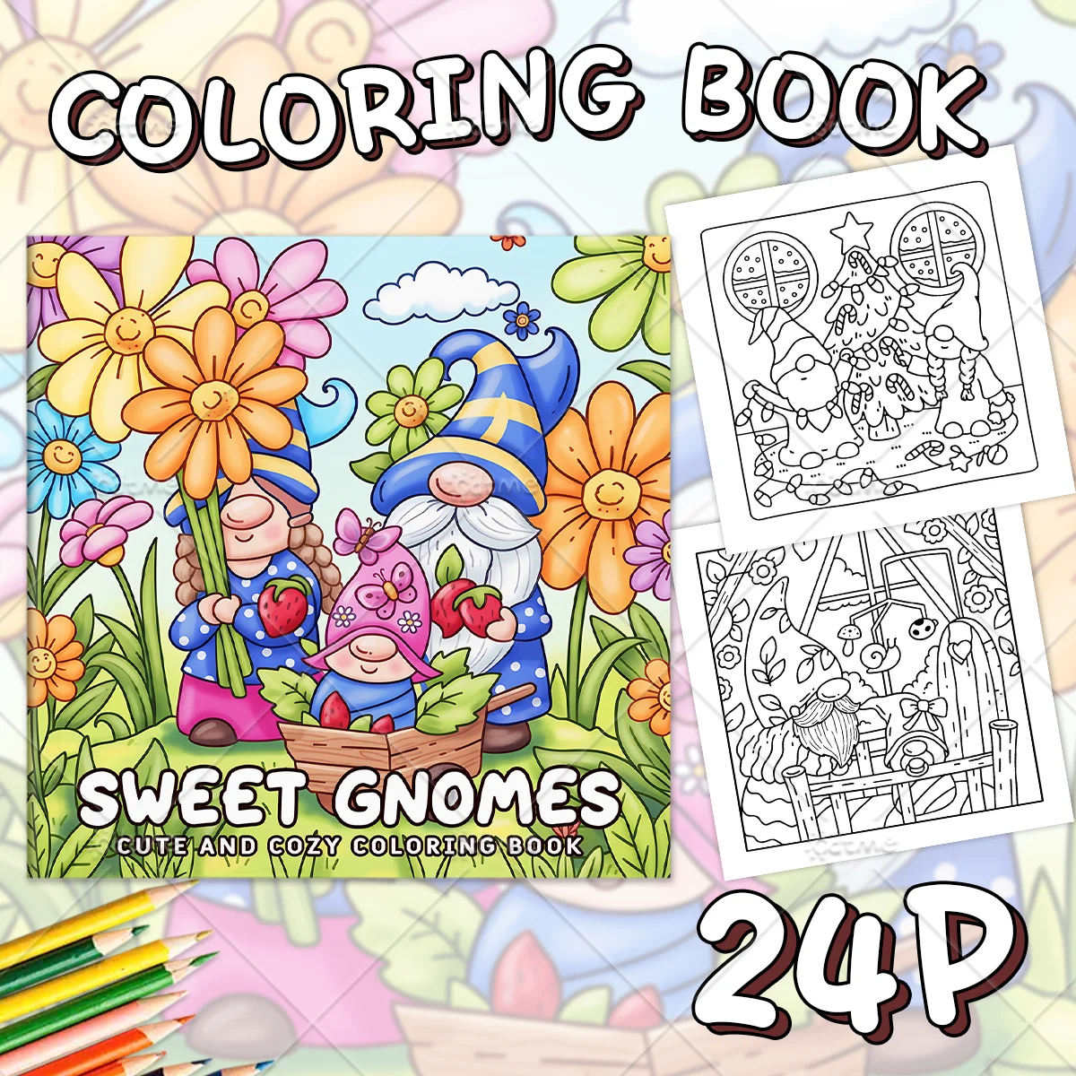 SWEET GNOMES Bold-easy Patterns Coloring Book for Adults Cute Drawing Book Perfect Gift for Party and Birthday ﻿