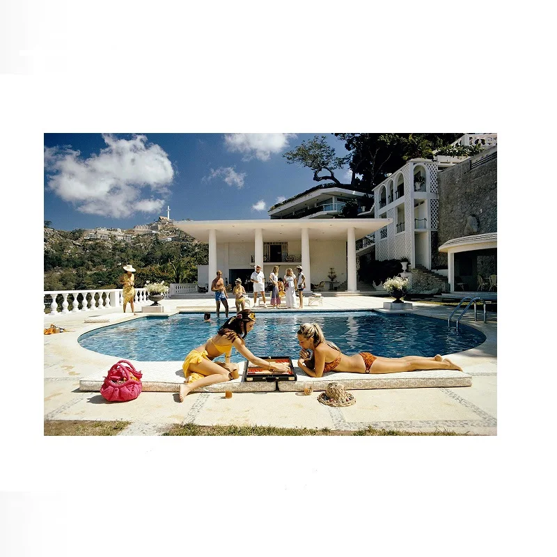Slim Aarons Poolside Backgammon, Print Art Canvas Poster, For Living Room Decor, Home Wall Picture