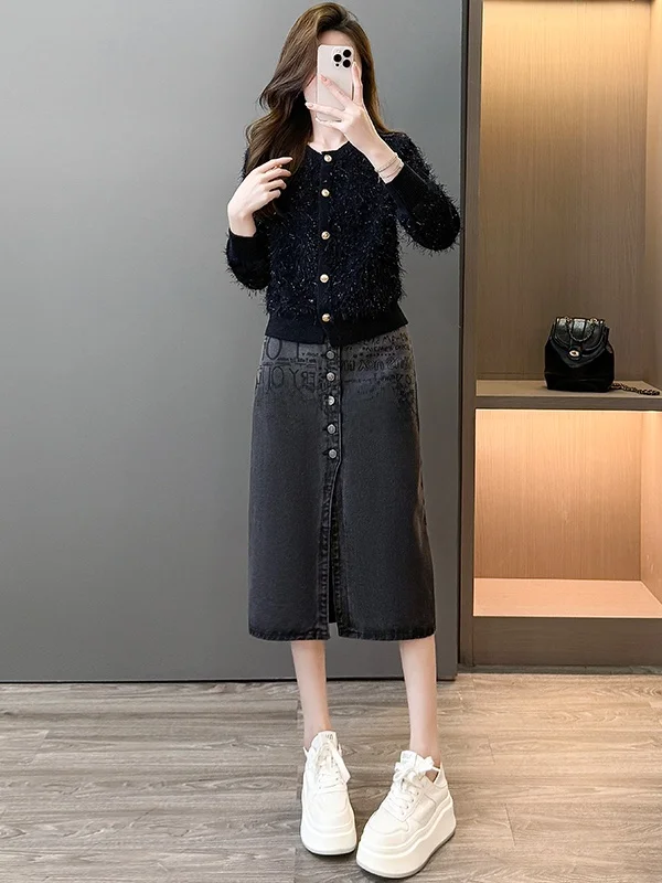 

Elegant Black Top Denim Skirt Two-Piece Set Women's Winter High-End Style Fashion Casual Sportswear Ensemble