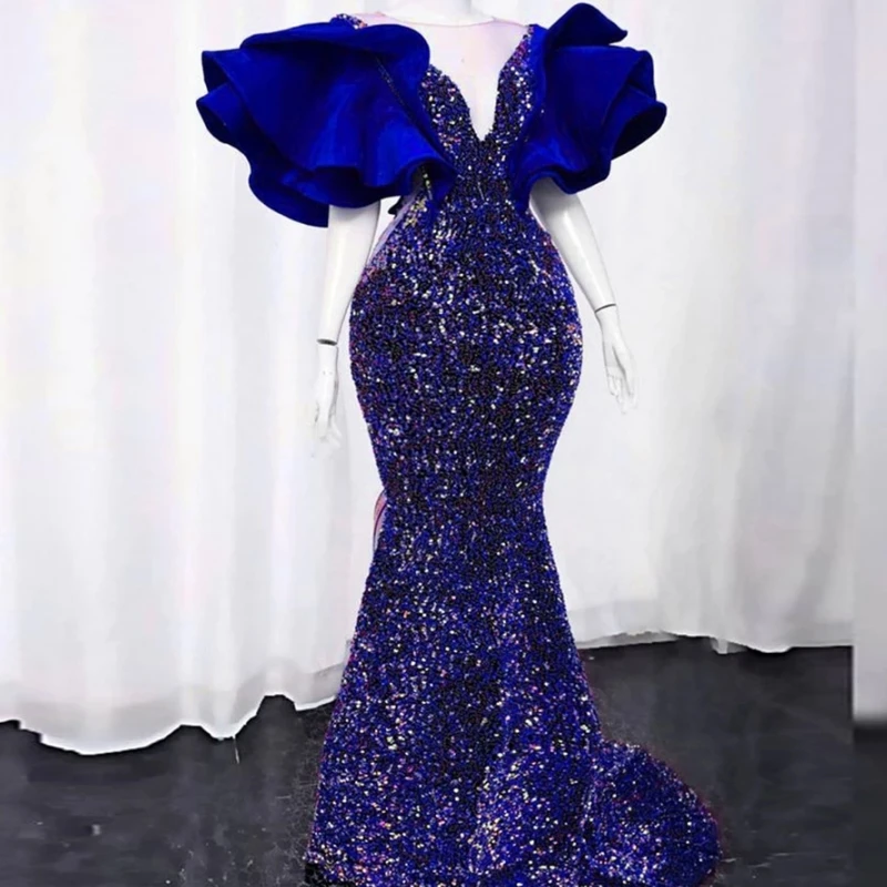 Royal Blue Mermaid Sparkle Sequins Evening Dresses Women V Neck Short Flared Sleeves Formal Party Dress Africa Prom Ball Gowns