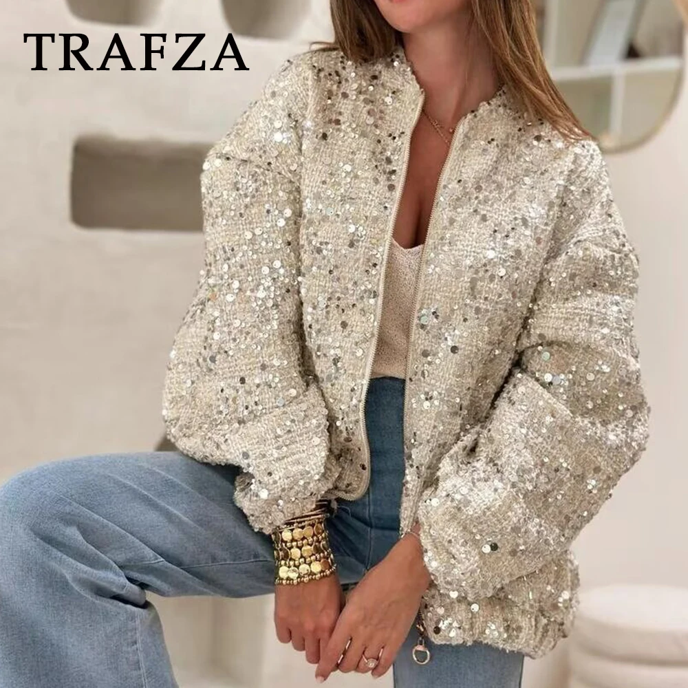 

TRAFZA Chic 2025 Autumn Vintage Streetwear Casual Sequin Woman Jackets Zipper Party Loose O-Neck Fashion Female Casual Outwear