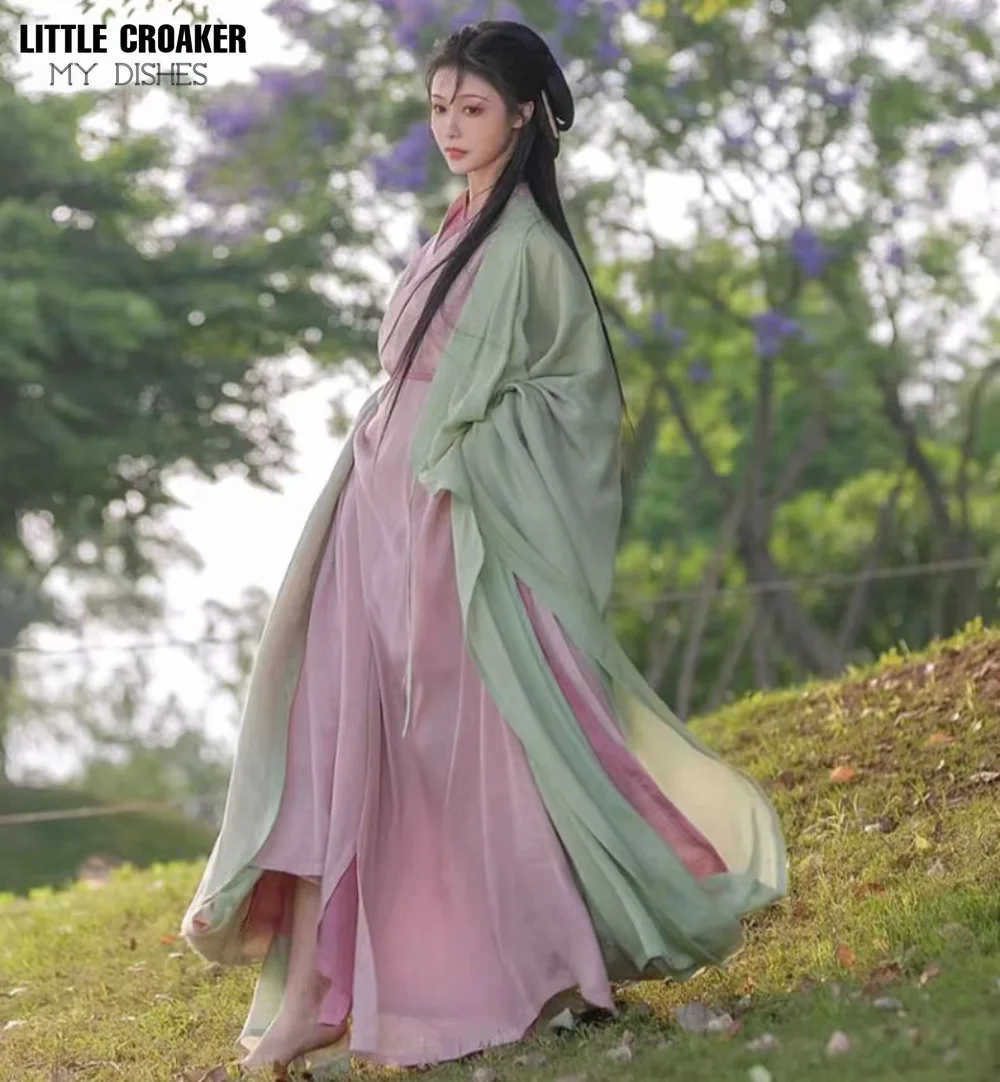 

2pcs Set WeiJin Dynasty Hanfu Female Chinese Style Pink Dress + Green Coat Suit Chinese Traditional Hanfu Clothing Cosplay