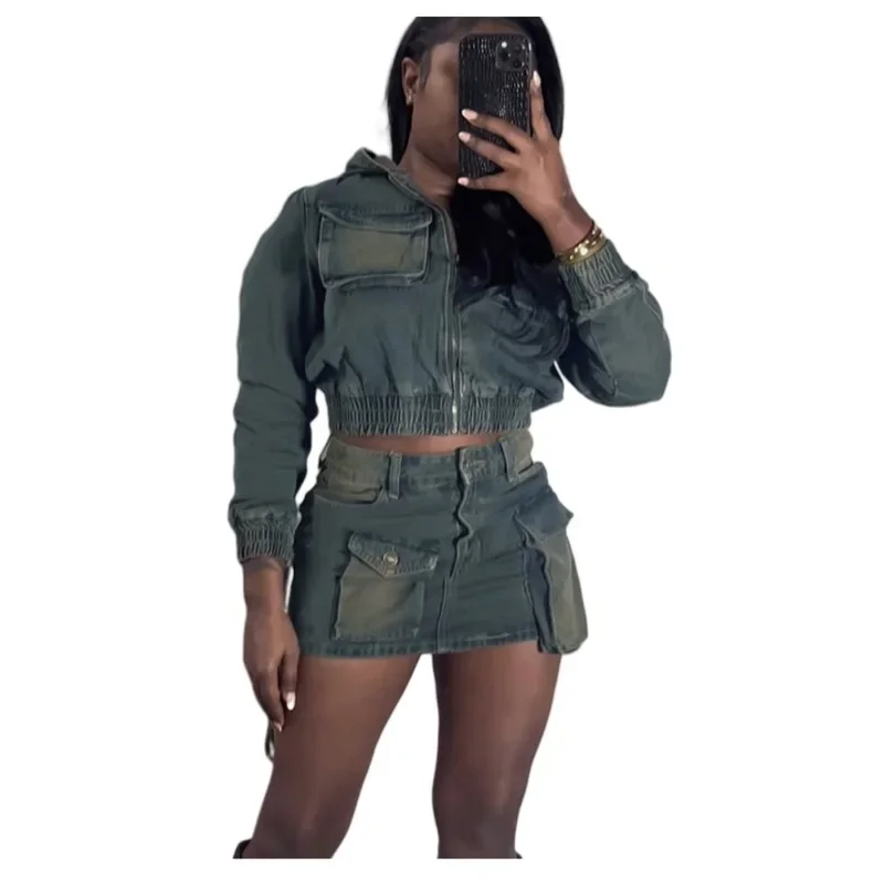 

Women Fashion Multi Pockets Denim Cargo 2 Piece Set Full Sleeve Zipper Hooded Jackets Tops and Mini Skirts Jeans Street Suits