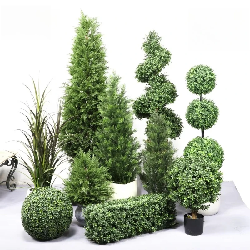 

UV-resistant Rayon Plant Olive Banyan Outdoor Plastic Flowers and Trees Decoration Fake Pine Bonsai Cedar Boxwood Spiral