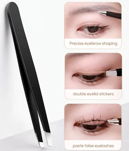 Imagen 2 del producto Pudaier Pinzas para cejas de acero inoxidable con herramientas de belleza de punta inclinada y plana para cejas y depilación encarnada para mujeres
