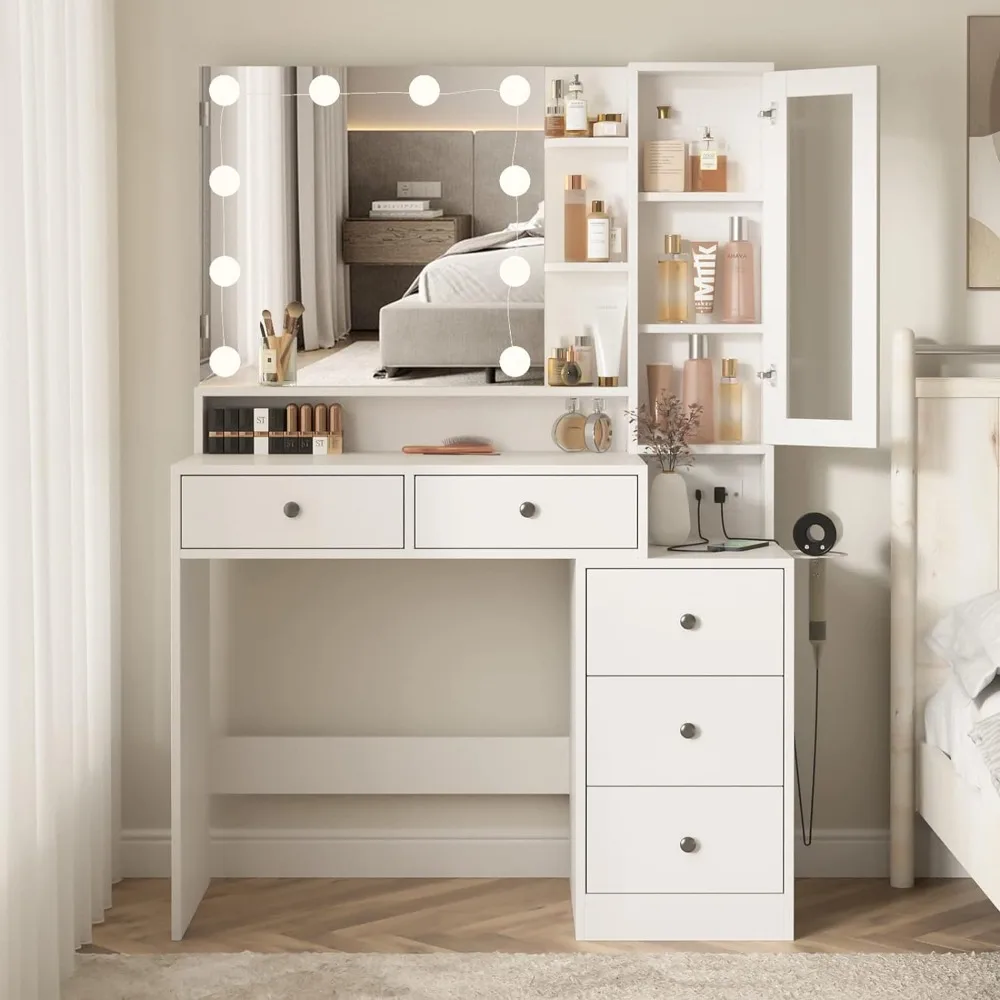 White Makeup Vanity Desk with Mirror and Lights,Vanity Table with Power Strip and Lighted Mirror,Large Makeup Table