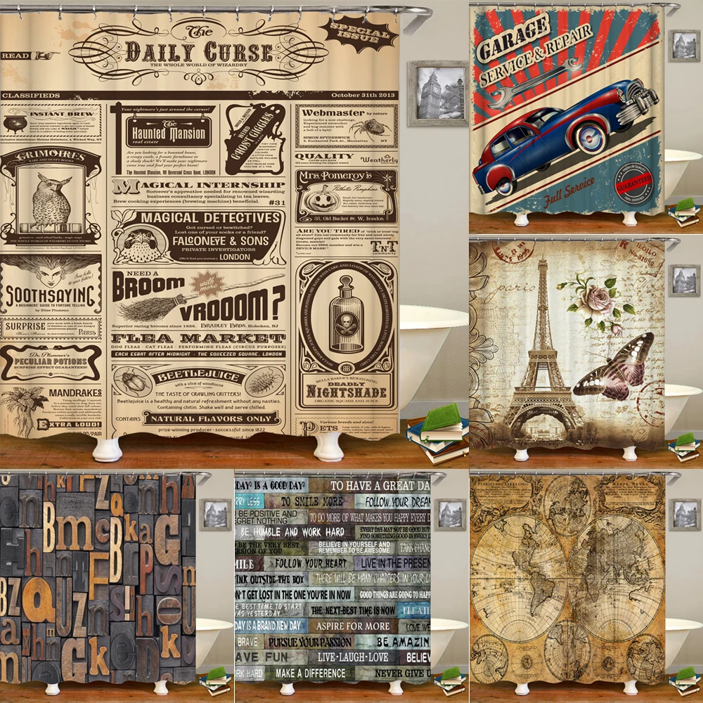 Funny Retro Vintage Car Shower Curtains Waterproof Bathroom Curtain Cool Old Newspaper Bath Curtain High Quality Shower Curtain