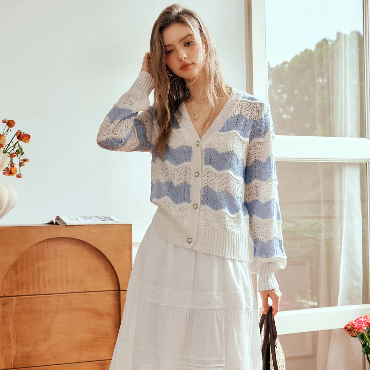 OLrain Spliced Striped Knitted Cardigan for Women 2025 Spring Loose Fit Sweet Hollow V Neck Long Sleeve Sweater N56QM93593