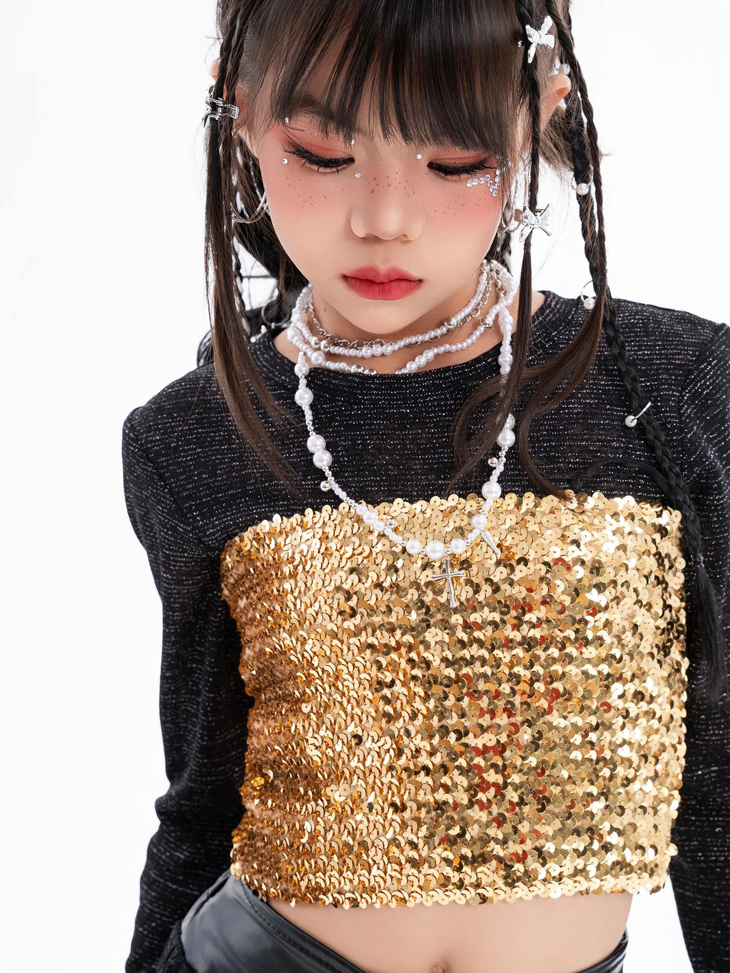 2025 Girls Fashion Jazz Costumes Golden Sequin Vest Lace Shorts Brown Pants Hip Hop Kpop Performance Outfits Stage Wear BL17518