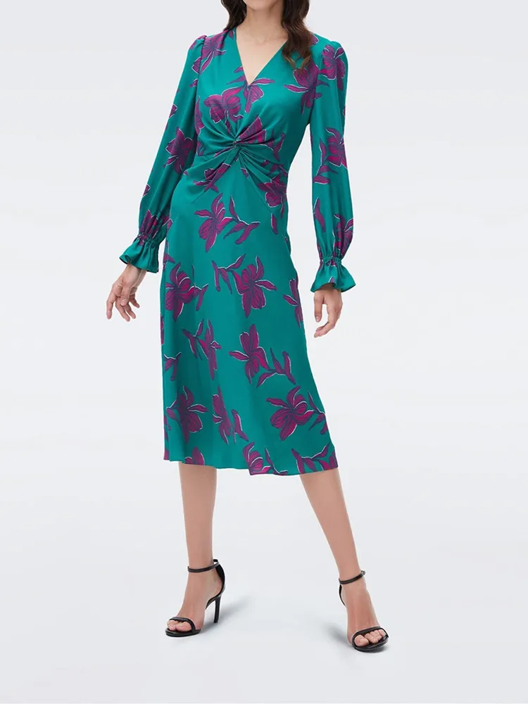 

100% Viscose Robe Women Iris Printed Elegant Twisted V-Neck Long Sleeve Ladies French Mid-Calf Dress Spring Summer 2024