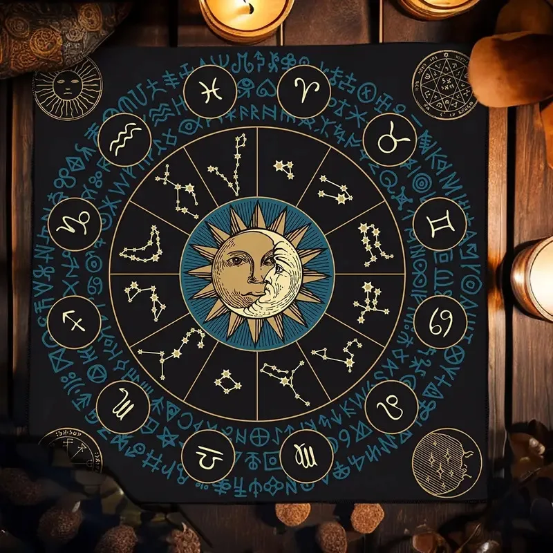 VIKAMA Black Cat Moon Tarot Altar Cloth Blue Floral Witchy Divination Mat for Tarot Reading Spiritual Familiar Home Decor