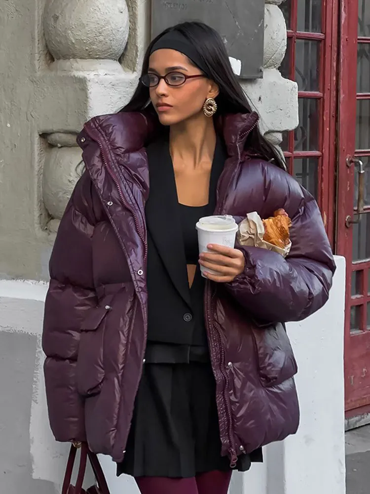 Fashion Women's Thicken Warm Burgundy Color Cotton Coat Casual Zipper Buttons Pockets Padded Jacket 2024 Female Chic Sstreetwear