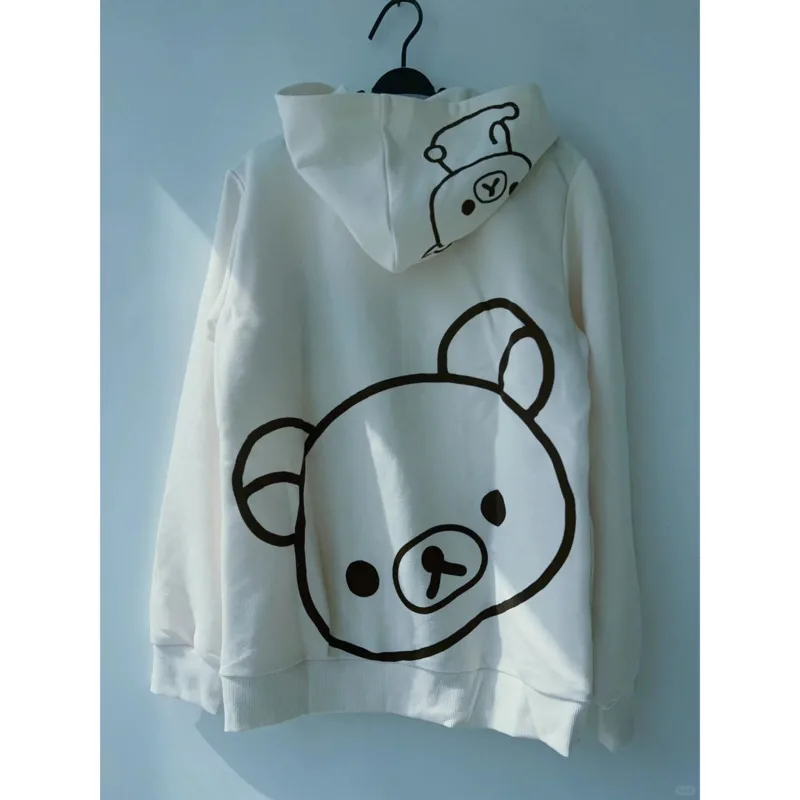 

Rilakkuma Casual Hooded Sweatshirt Cute Little Bear Printed Tops Stylish Unisex Daily Hoodie Chic Autumn Winter Loose Pullover