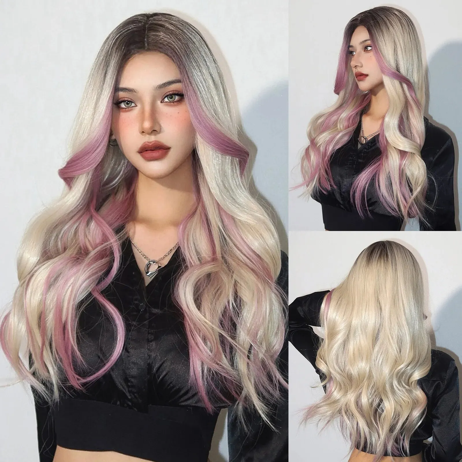 

Длинные волнистые блонд с розовым синтетический парик средней части волос парик для женщин Косплей вечерние Косплей натуральные термостойкие волокна