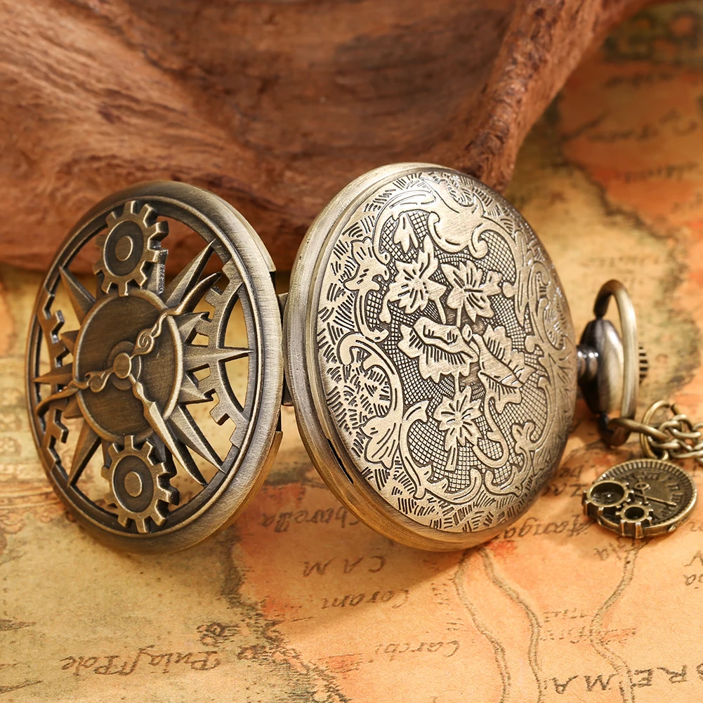 Antique Hollow Gear Quartz Pocket Watch Retro Arabic Number Steampunk Pendant Fob Watch Souvenir Necklace with Gear Accessories