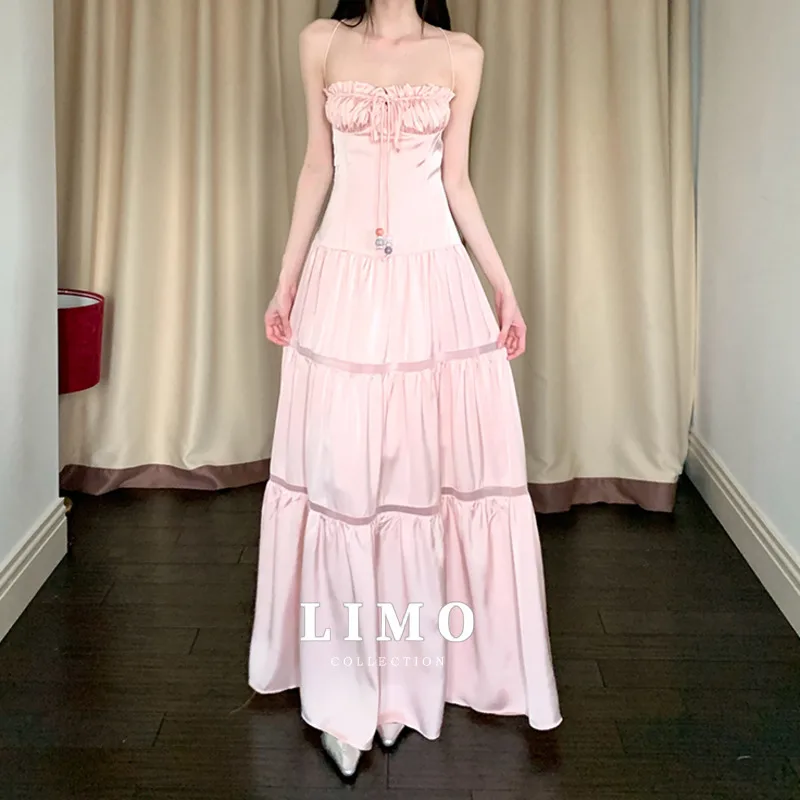 

LIMO 2025 Summer Sexy Hollow-out Ruffle Tie Dress Elegant Sweet Design Party Clubwear Beach Polyester Cotton Sleeveless