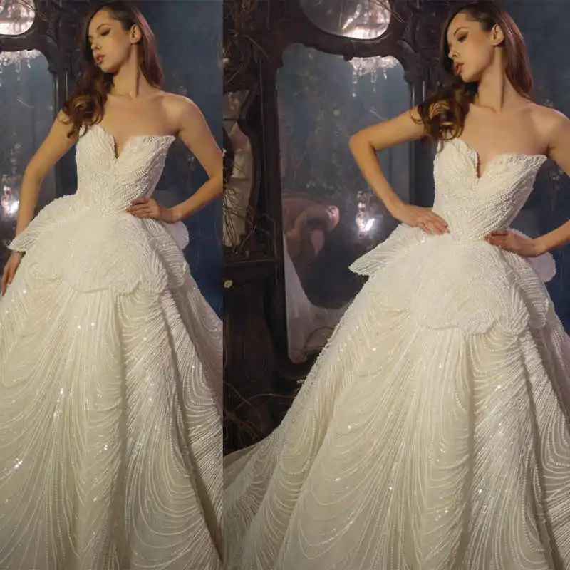 Luxury Ball Gown Wedding Dress With Multilayers Lace Sequins Princess Sleeveless Bride Dress Customized Vestidos De Novia