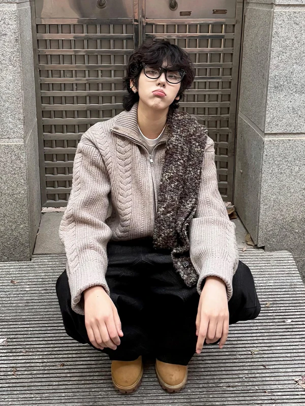 

Men's Knitted Zipper Sweater Autumn Winter American Retro Sle Wheat Ear Pattern Twist Stand Collar Cardigan Jaet