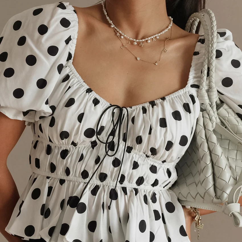 

Linad Street Chic Polka Dot Lace Up Shirts Vintage Slim Square Collar Blouse Woman 2026 Summer Casual Ruffles Pullover Lady Tops