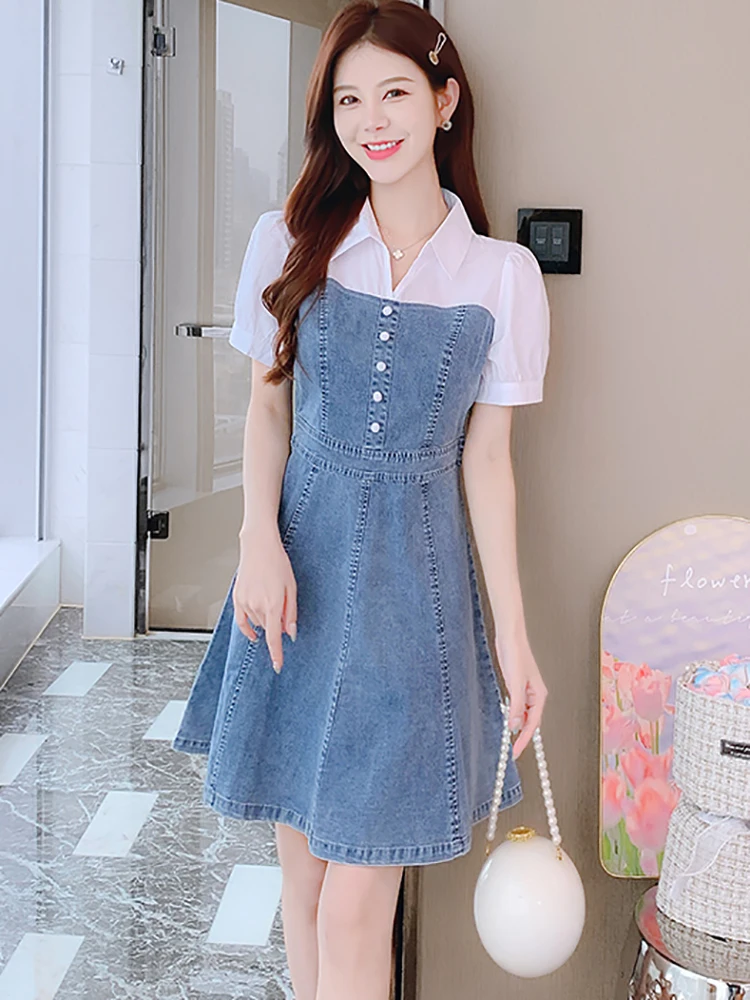 

2025 синее джинсовое лоскутное белое платье с коротким рукавом и воротником-поло, женское элегантное платье-рубашка, летнее корейское облегающее повседневное платье для выпускного вечера