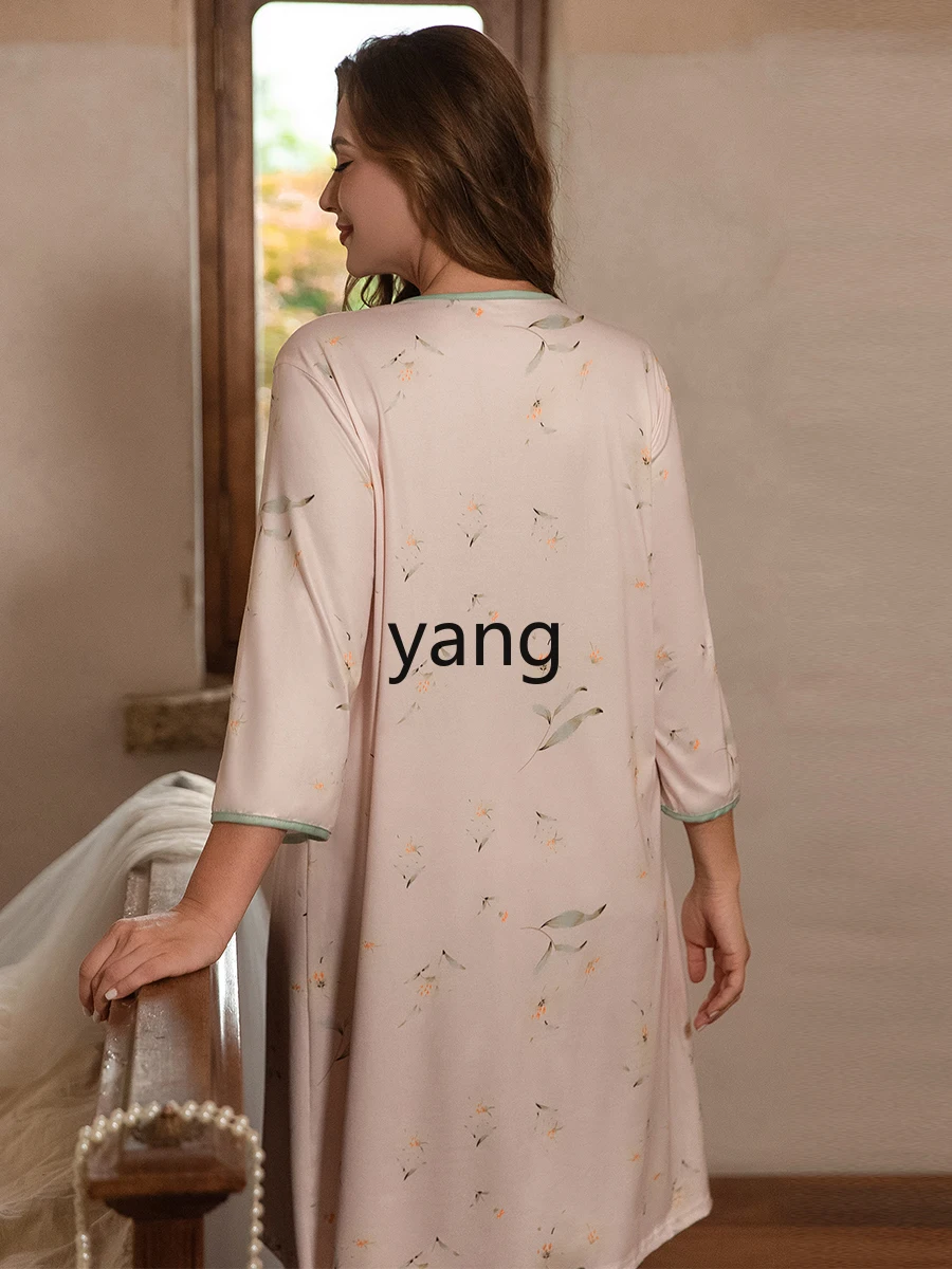 LMM large size pajamas women's spring and summer button-down printed loungewear can be worn outside fat mm loose nightgown